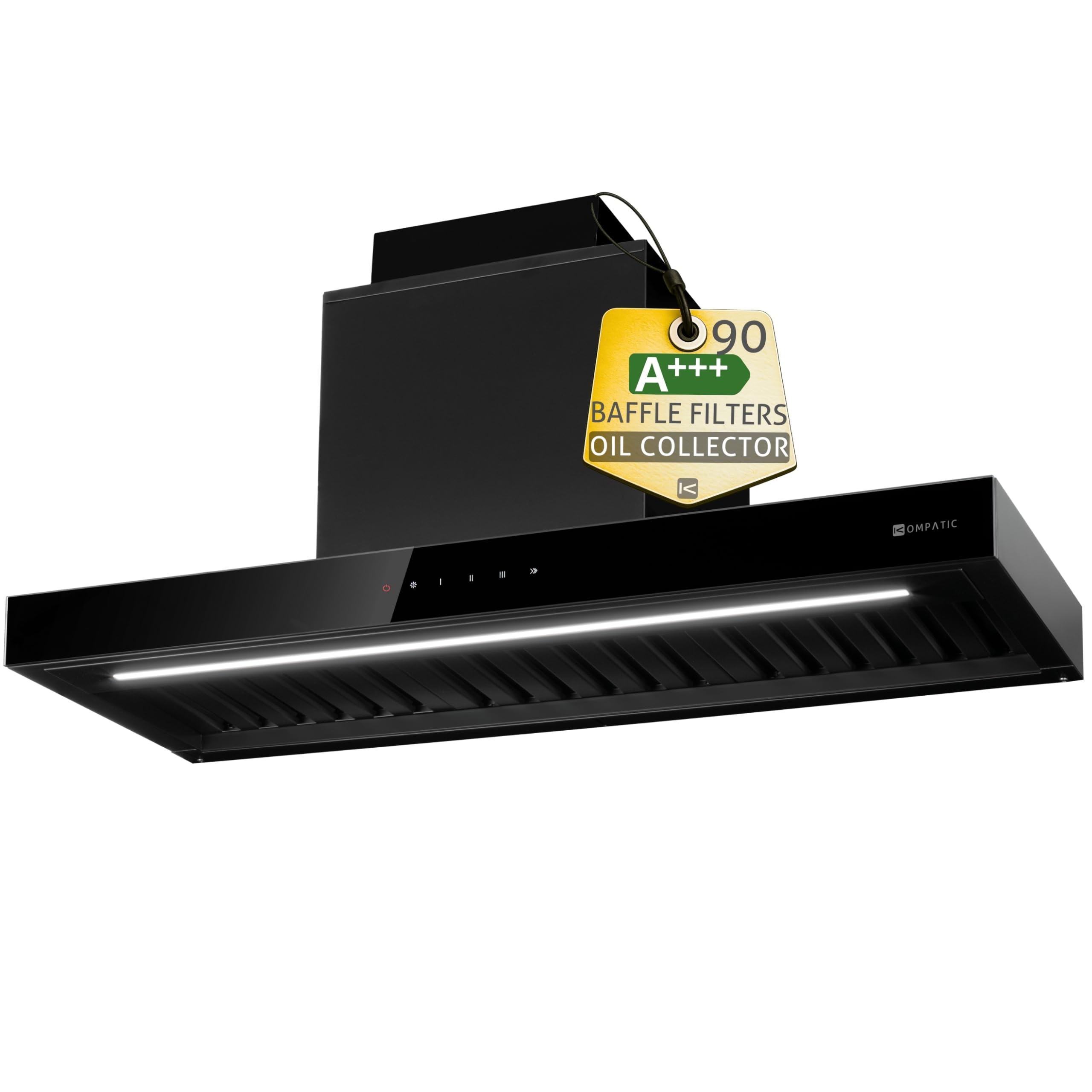 Campana extractora integrable Kompatic Riva 90 KRV90BI, 90 cm, motor brushless 800 m³/h, clase A+++, control táctil, Boost/Super Boost, negro mate.