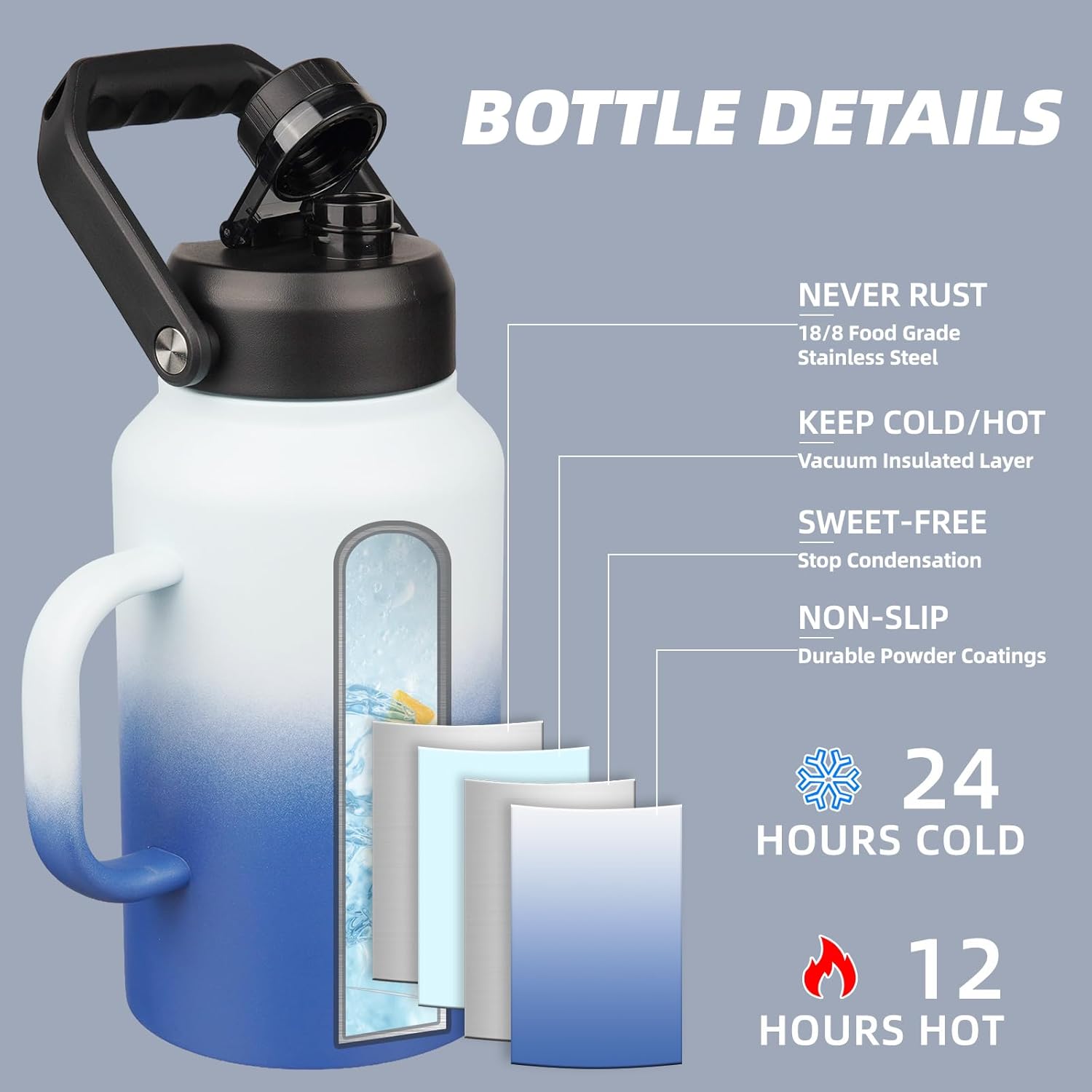 BJPKPK 87oz Insulated Water Bottle with Handle, Large Dishwasher Safe 2/3 Gallon Water Bottle, BPA Free Water Jug, Wide Mouth Metal Flasks with Anti-slip Bottom, Keep Cold & Hot,Sky - Image 2