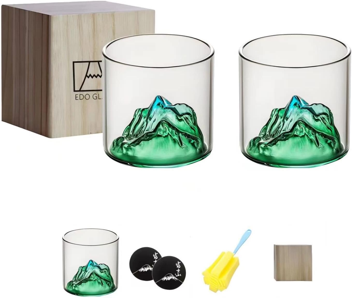Mt. Fuji Rock Glass, Tumbler, Set of 2, Green, 12 Ounces, Whiskey, Wedding, Father's Day, Gift