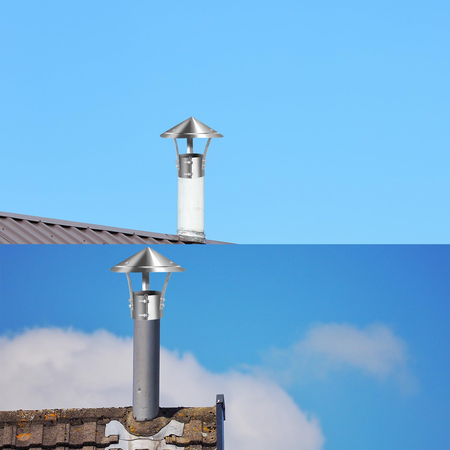 Sombreros para Chimeneas, Acero Inoxidable 201, a Prueba de Viento y Lluvia, Cubierta de Chimenea de 200 mm de Diámetro, Adecuada para Tuberías de 80 mm de Diámetro (Plata)