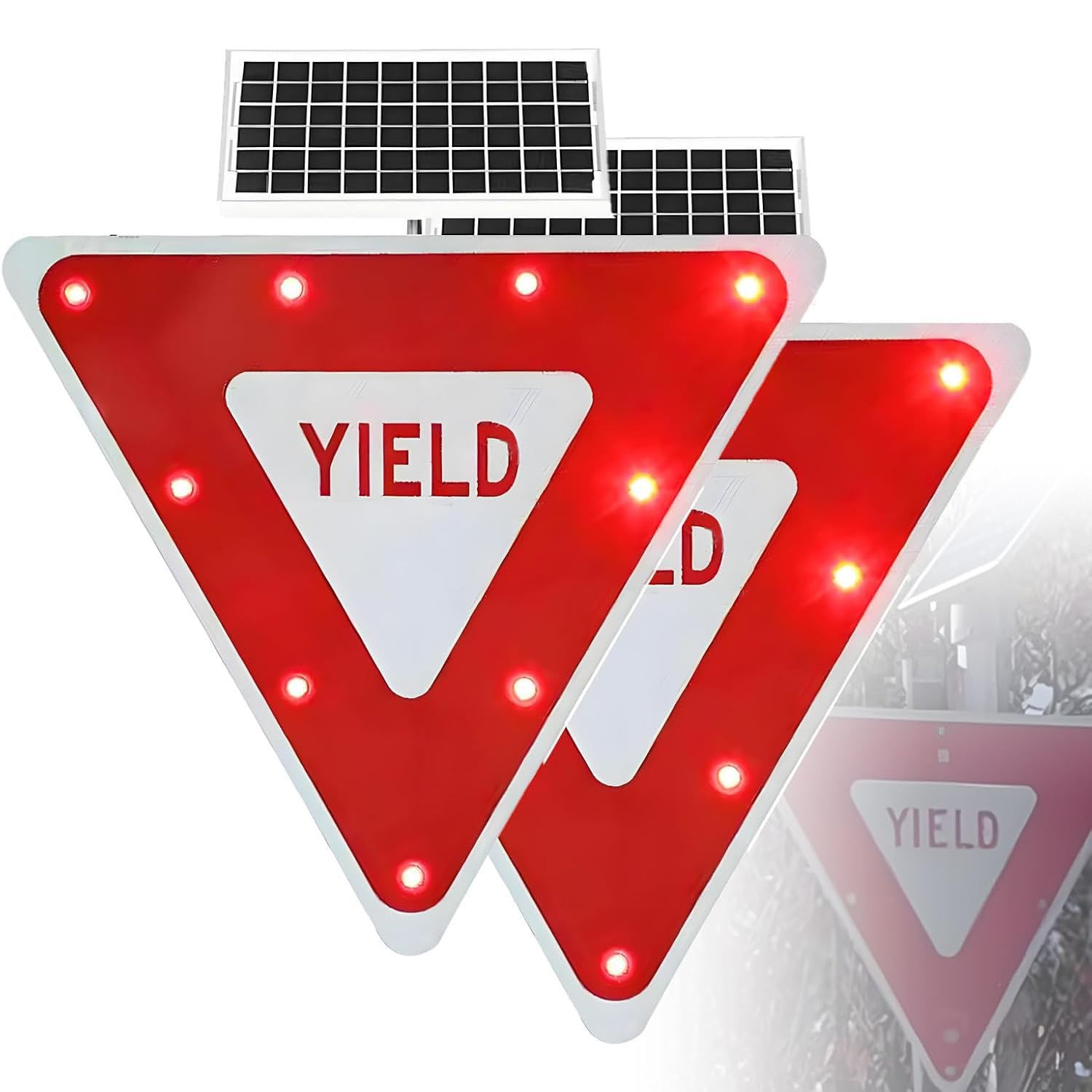 ROEFETY Triangle Flashing LED Crossing Sign,Solar Yield Sign with LED Flashing Lights,IP65 Waterproof with Mounting Accessories Engineer Grade Reflective,Solar Powered Yield Sign 2piece