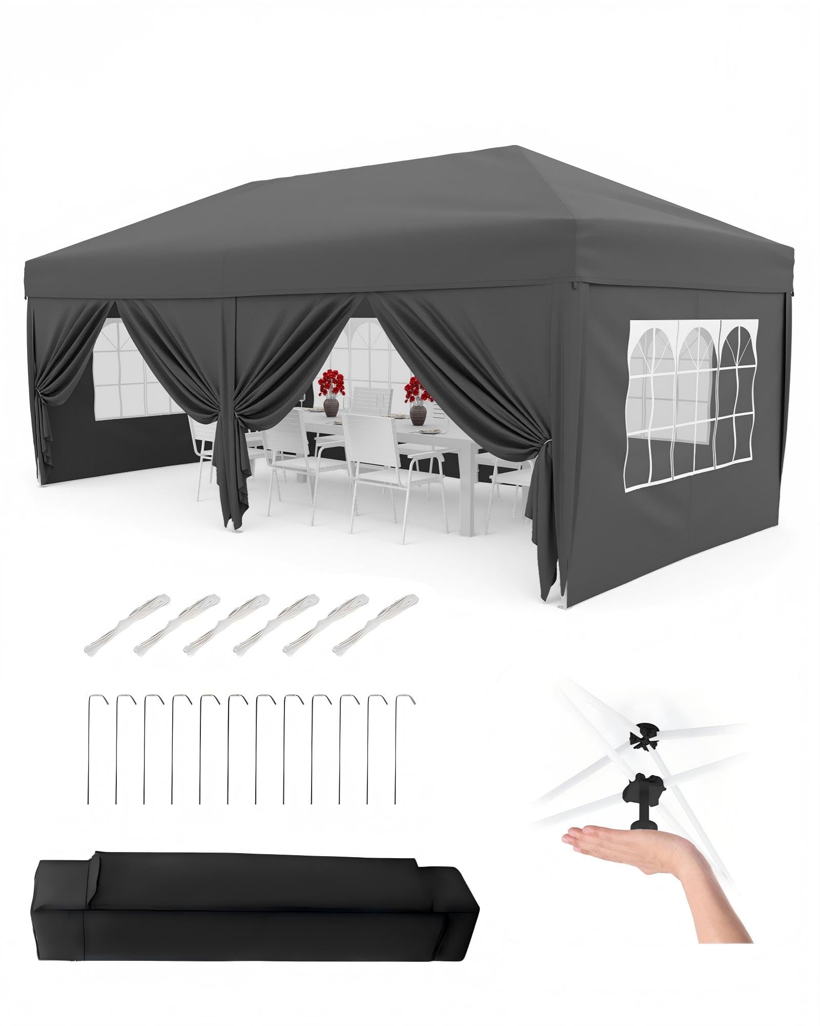 Aptliton 3x6M Pop Up Gazebo with 6 Sidewalls-Instant Setup, One-Touch Waterproof Outdoor Gazebo UPF 50+ with Portable Carry Bag, 3 Adjustable Height, 4 Weight Bags, 8 Stakes & 6 Guy Ropes, Grey