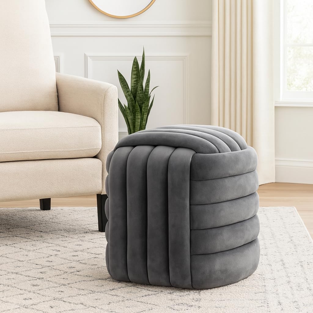 Home Decor Vanity Chair Ottoman – Bedroom Stool and Foot Rest Ottoman Display – Stylish Gray Upholstered Seat for Comfort Living Room Furniture and Modern or Traditional Home Décor - 19", Gray