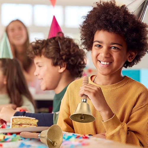 Miniatura 4 de Campana de mano dorada de 3.14 pulgadas grande con mango de madera de latón macizo, campana muy fuerte para servicio de restaurante, timbre de