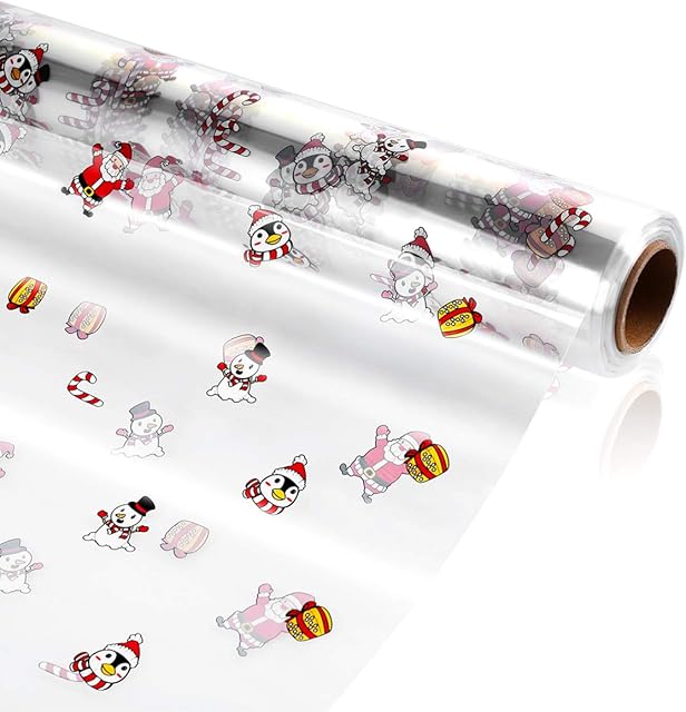 NUOBESTY Christmas Cellophane Wrap, 3Mil Thickness, 3000x80cm, Santa Claus Pattern Design, Cellophane Gift Wrapper, Wrap Roll for Baskets Arts Crafts