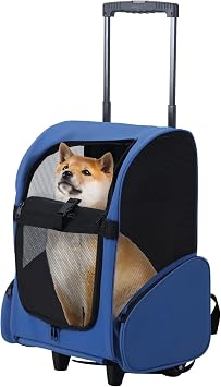 Rolling Pet Carrier, Pet Travel Backpack with Double Wheels, Telescopic Handle Pet Carrier, Rolling Pet Travel Carrier for Small Medium Cat Dog with Mesh Windows and Storage Pockets Blue