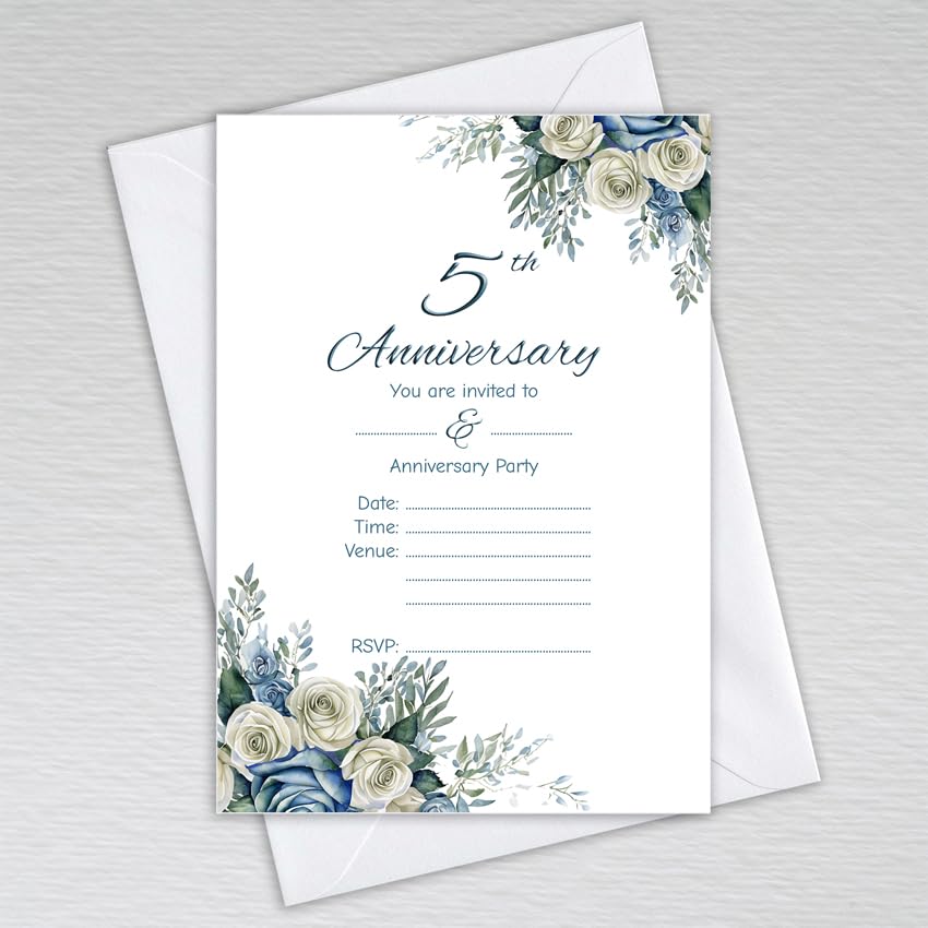 Webspectations Pack of 5th Wedding Anniversary Invitations with Envelopes: Dusty Blue Rose 5th Anniversary Invites (Pack of 20 with Envelopes)