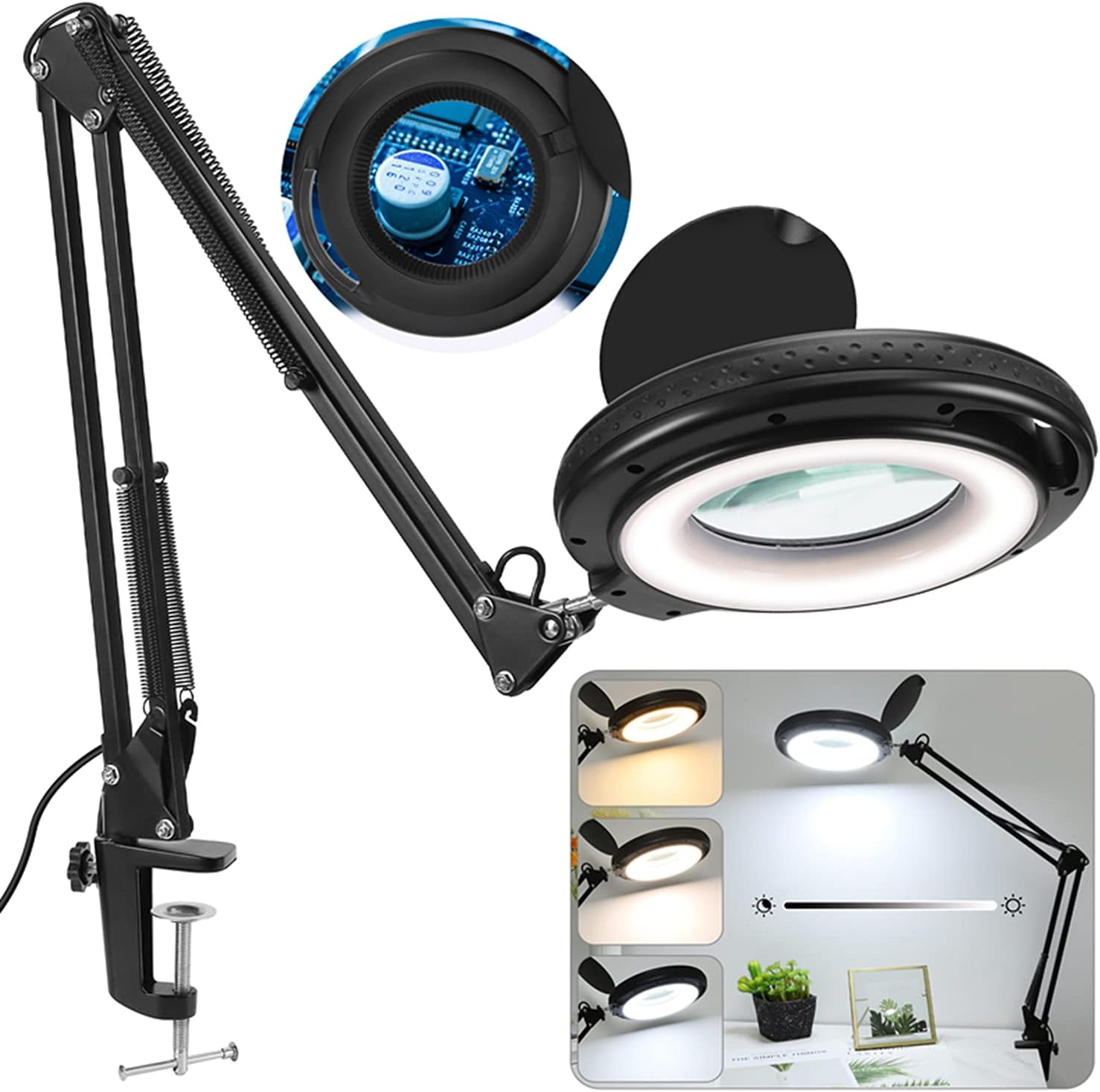 Magnifying Glass with Light and Stand, 5X Real Glass Lighted Magnifier, 3 Color Modes 1,500 Lumens Stepless Dimmable, Adjustable Swing Arm LED Magnifying Lamp & Clamp for Crafts Desk Workbench