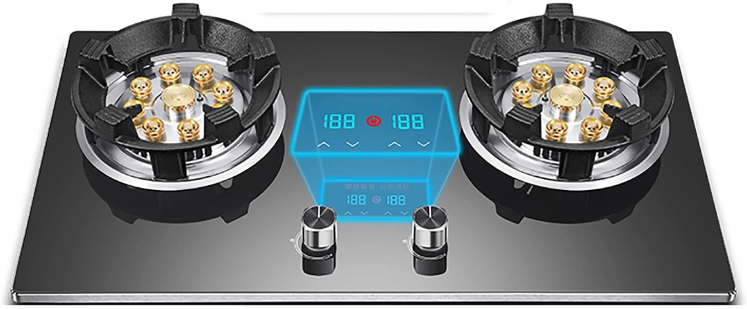 Burner Gas Cooker gas hob Built-in Gas Cooker, 2 Burners Gas Cooker, Zinc-magnesium Alloy Knob, 55°+ Anti-scalding Reminder, Independent Control, Power Display,Kitchen Accessories Cooking Ap(Blue)