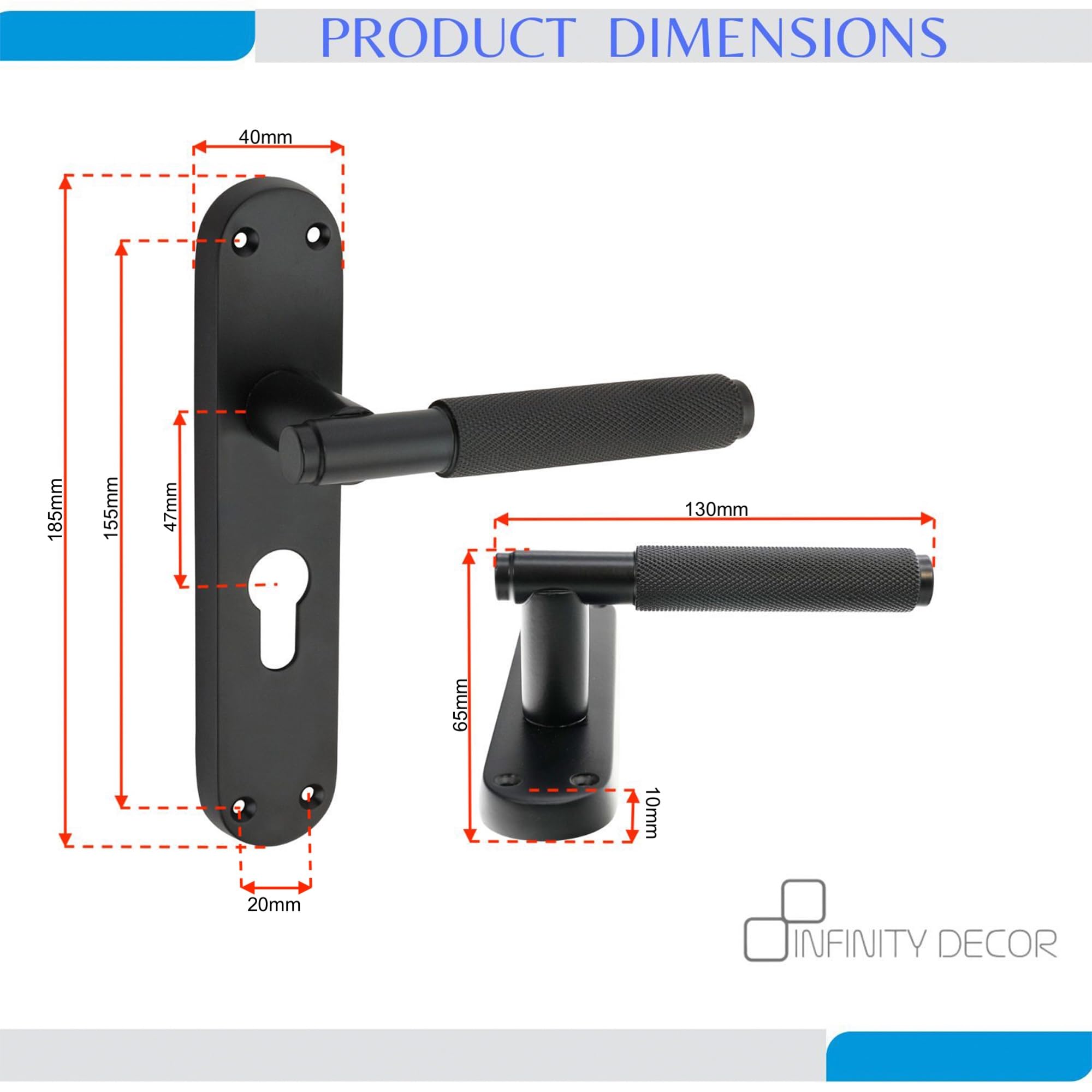 Infinity Decor Para nowoczesnych radełkowanych klamek na tylnej płycie Euro Lock Zestaw klamek do drzwi wewnętrznych i zewnętrznych (matowa czerń)