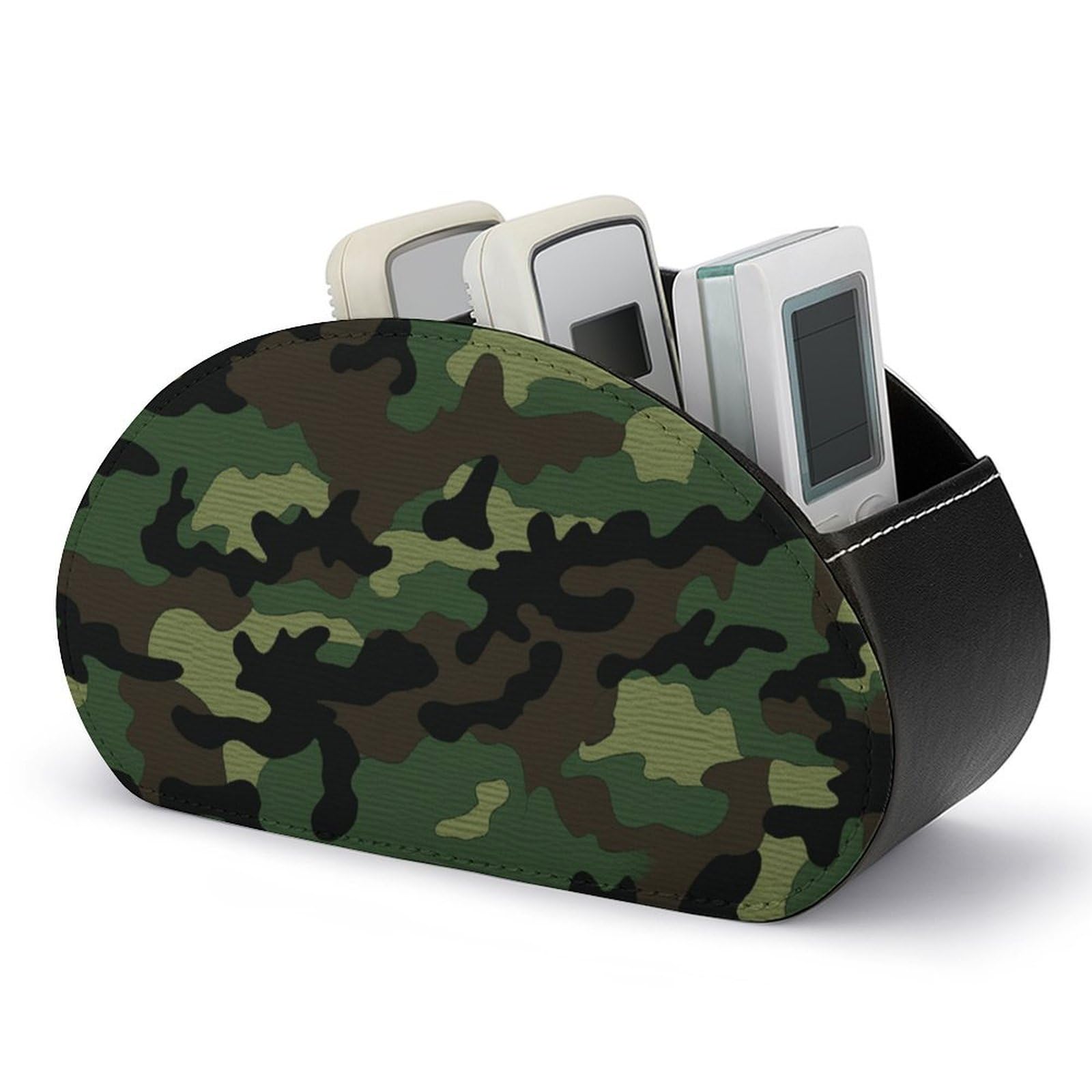 VstaDank Green Military Camo Remote Control Holder with 5 Compartments PU Leather Remote Caddy Desktop Organizer Store TV Remote Control Storage Box for Home Office Desk Nightstand