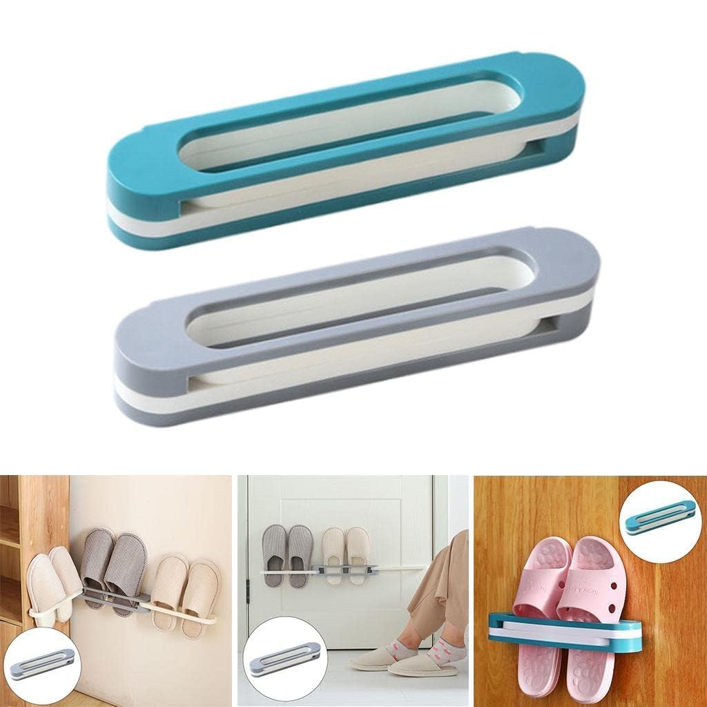 BESTOTTAM Wall Mounted Folding Slippers Rack, Plastic Shoe Holder Organizer, Space Saving Bathroom Storage Shelf, Blue and White 2