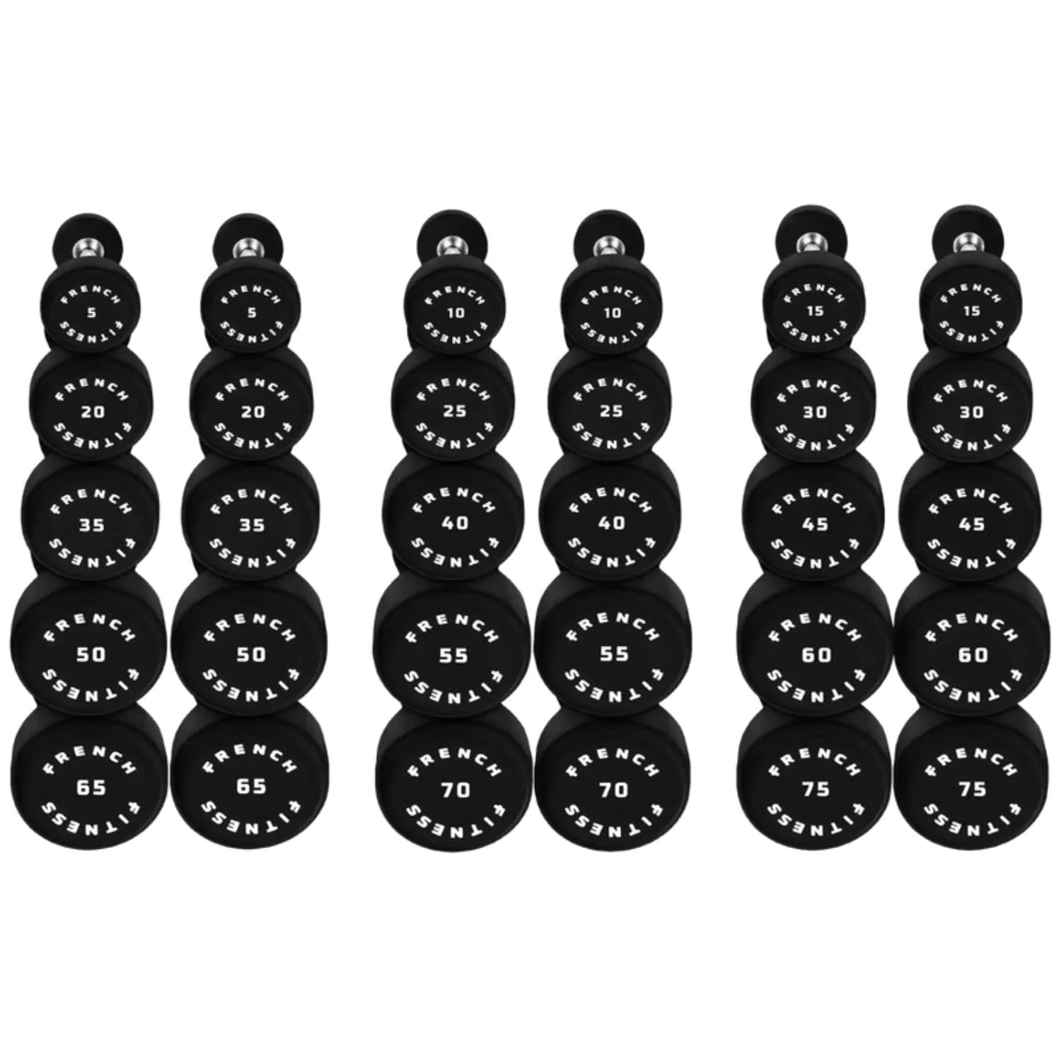 French Fitness Urethane Round Pro Style Dumbbells Premium Odorless Urethane Durable Steel Handles Shock-Resistant Secure Knurled Grip in