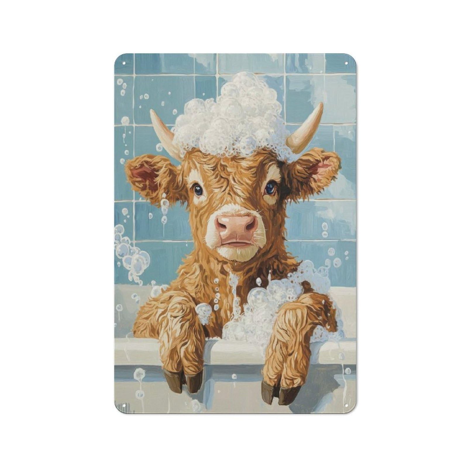 Cow in A Bubble Bath Cottage Style Metal Wall Decor 30x20cm, Decorative Tin Sign for Cottage, Kitchen, Hallway Or Breakfast Nook
