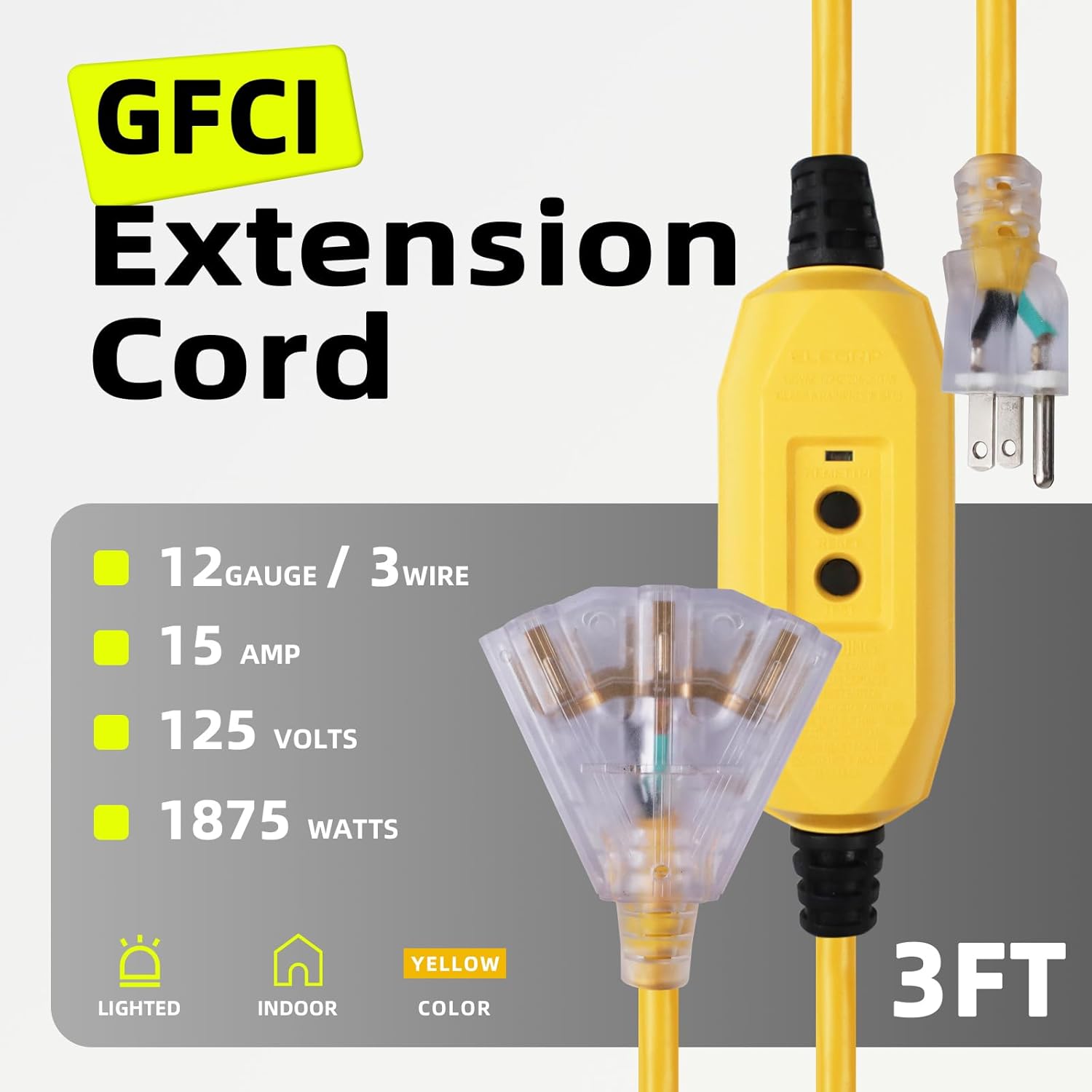 3 Ft Lighted GFCI Extension Cord with 3 Electrical Power Outlets - 12/3 SJTW Heavy Duty Yellow Pigtail Extension Cable with 3 Prong Grounded Plug for Safety, UL Listed