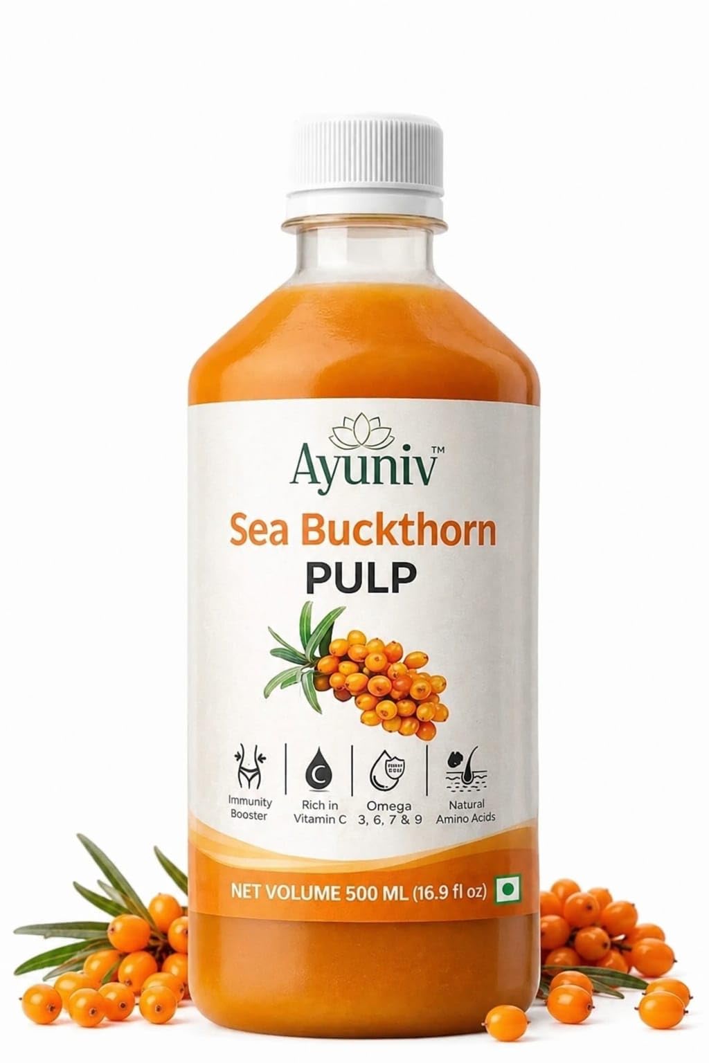 Sea Buckthorn Juice 500ml | Himalayan Ladakh Berry Fruit Pulp Concentrate | Omega 3 6 7 9 | Supports Immunity, Skin Glow & Gut Health