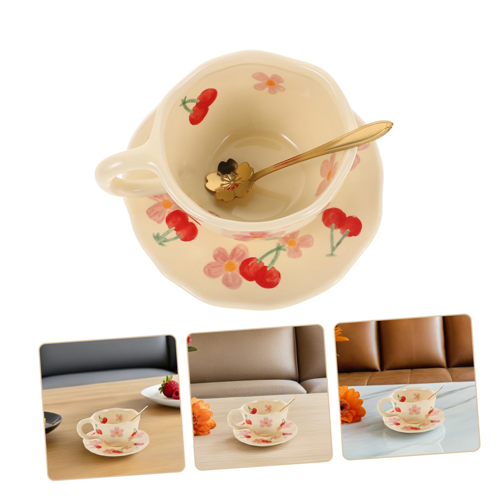 Tasse à Café en Céramique Créative avec Soucoupe et Cuillère, 1 Set Rose