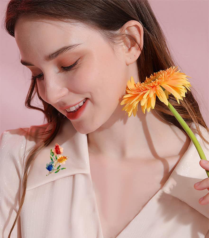 Enamel Leaf Branch Brooch Pin for Women Girls Gold-Tone Green Yellow Orange Colorful Maple Floral Plant Brooches Lapel Pins Elegant Autumn Fall Party Thanksgiving Theme Party Dress Accessorie