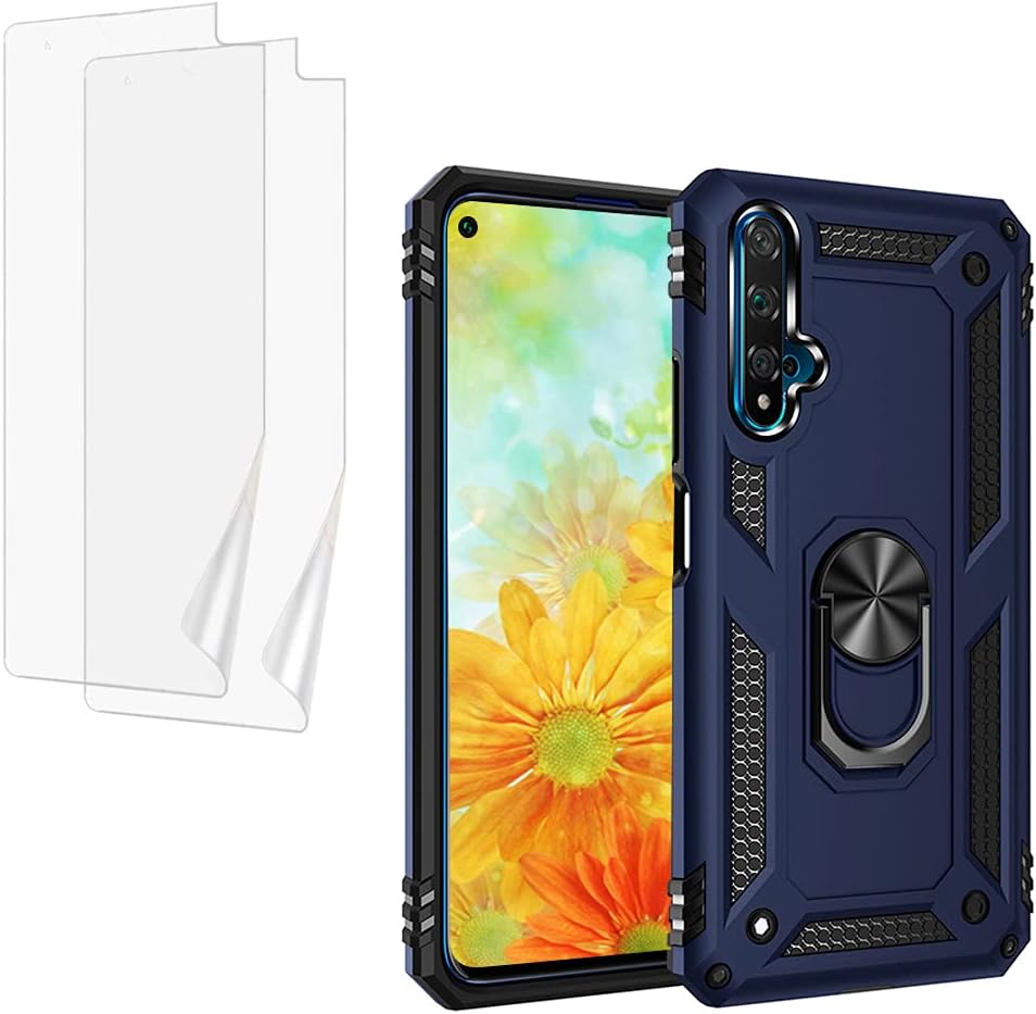 YaHan for Huawei Nova 5T/Honor 20 Case,360 Degree Rotating Ring Kickstand Hybrid Heavy Duty Dual Layer Shockproof Defender Hard Back Case with Screen Film Protector[Not Glass][2 Pack],Blue