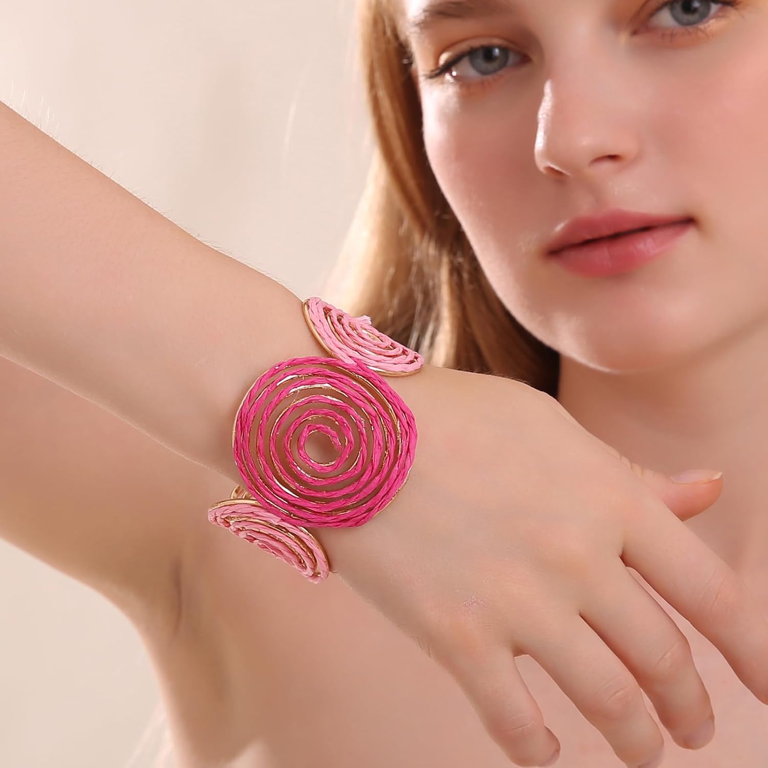 Raffia Spiral Cuff Bracelet for Women, Colorful Swirl Bangle Chunky Bangle Handmade Rattan Statement Bracelet - Image 2