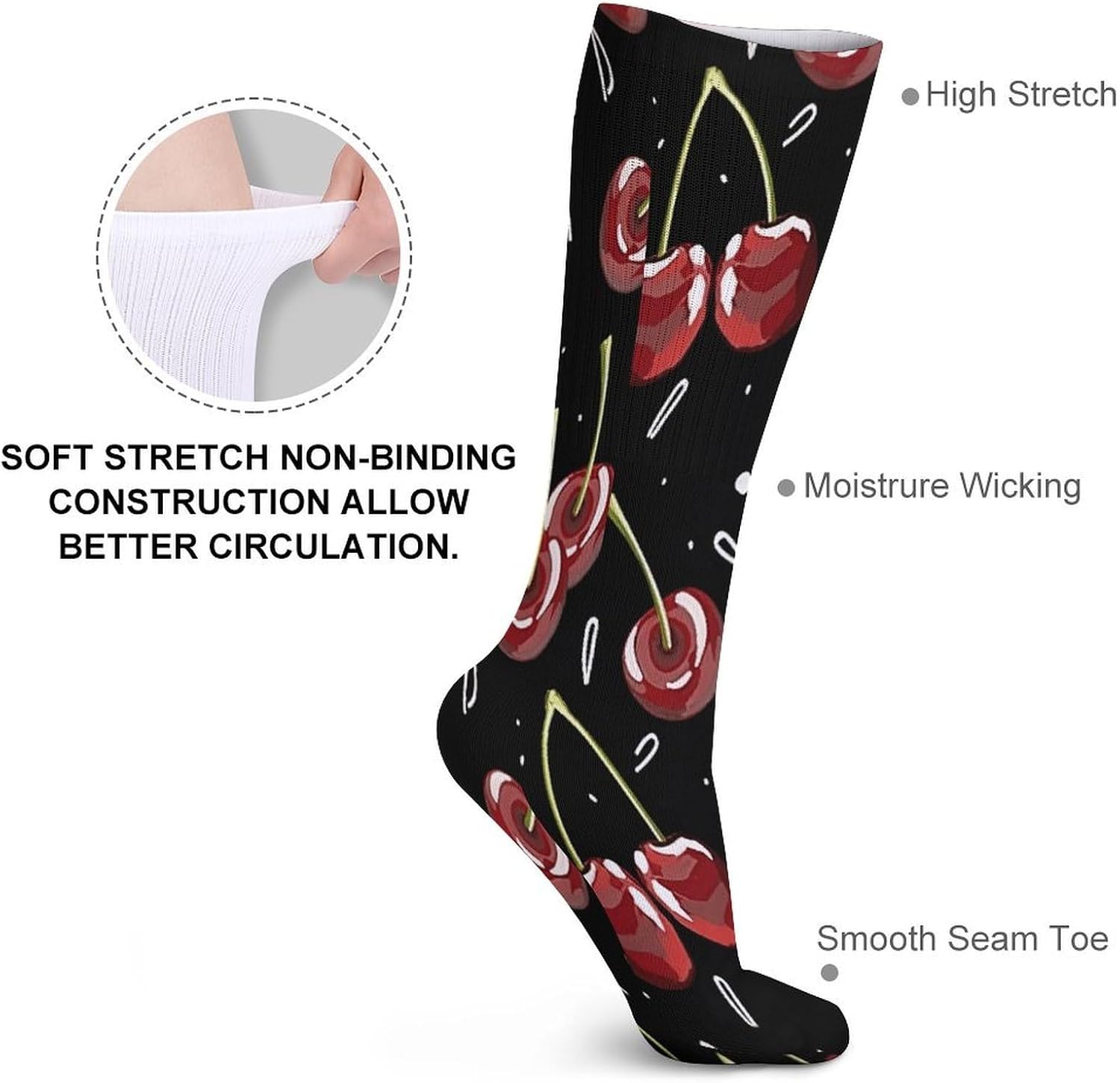 Cherrys Print Crew Socks Casual Breathable Calf Socks | Cushion Running Athletic Socks Long Performance Breathable Sports Socks for Women Men