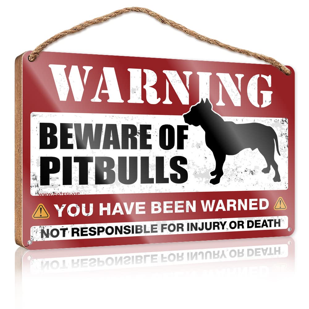 FZFN Wood Decor Sign Beware Of Pitbulls Wooden Sign Farm Hanging Door Sign Funny Room Signs(15X28CM)