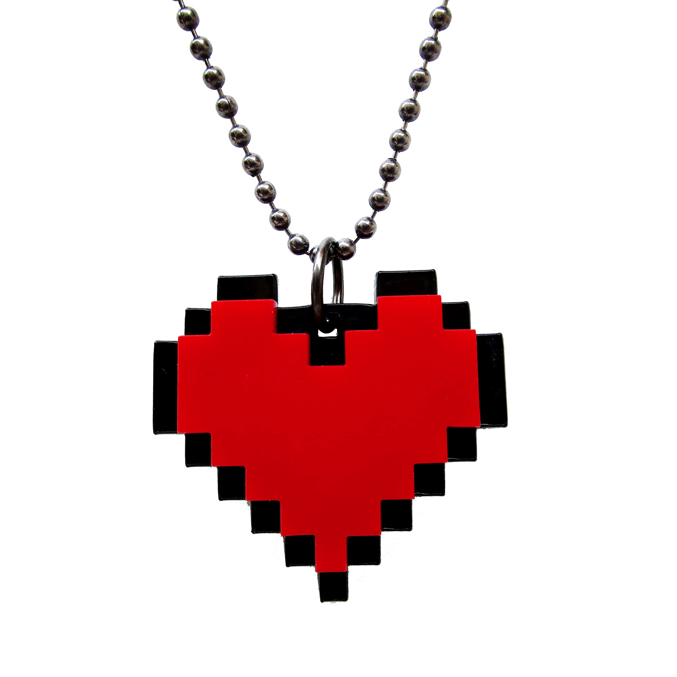 Red 8 Bit Pixel Heart Cosplay Necklace, Pixelated Point Graphic Gaming Life Container Pendant