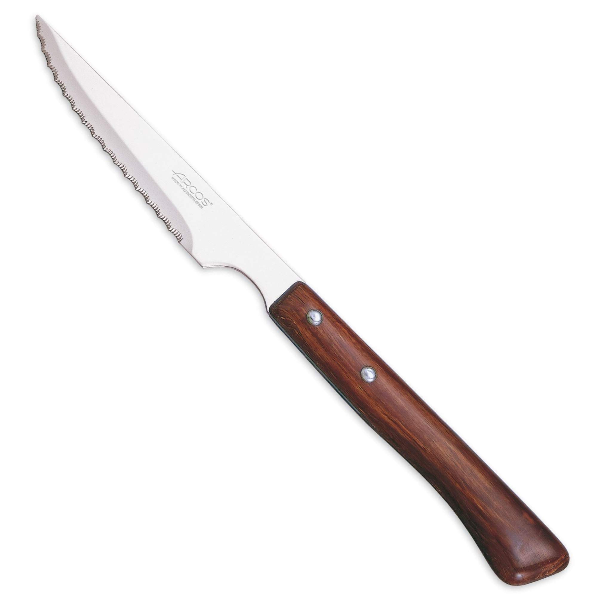 Arcos Serie Cuchillos de Mesa Caja 12 uds Cuchillo Chuletero, Hoja Serrada de Acero Inoxidable NITRUM de 110 mm, Mango Madera comprimida Color marrón (12 UDS)