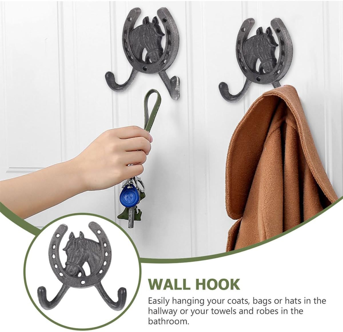 4pcs Cast Iron Horseshoe Wall Hooks Double-Prong Coat Hangers Vintage Rustic Metal Hooks for Home Entryway Organization
