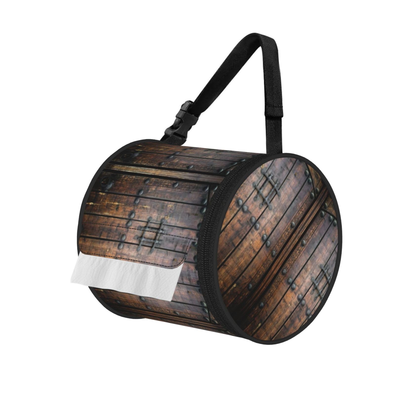 Rustic Stall Wooden Door Print Round Tissue Dispenser Bag With Carry Strap, Portable Roll Holder For Car Travel Home