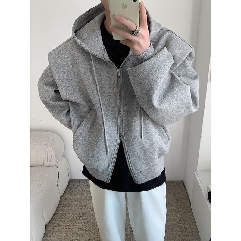 Men's Oversized Zip Up Hoodie Long Sleeve Shoulder Pad Sweatshirt Loose Fshion Solid Color Drawstring Sweatshirts2