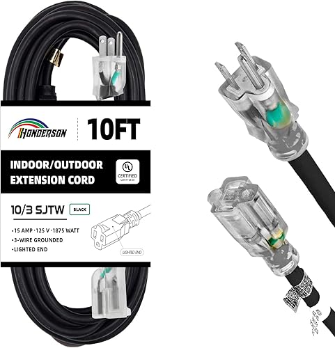 HONDERSON Cable de extensión iluminado para exteriores de 10 pies, cable de extensión negro resistente SJTW 103 con enchufe de conexión a tierra de