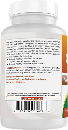 Miniatura 7 de Best Naturals Quercetina con bromelina Veggie Capsule - 800 mg de quercetina y 165 mg de bromelina (2400 GDUg), 120 unidades