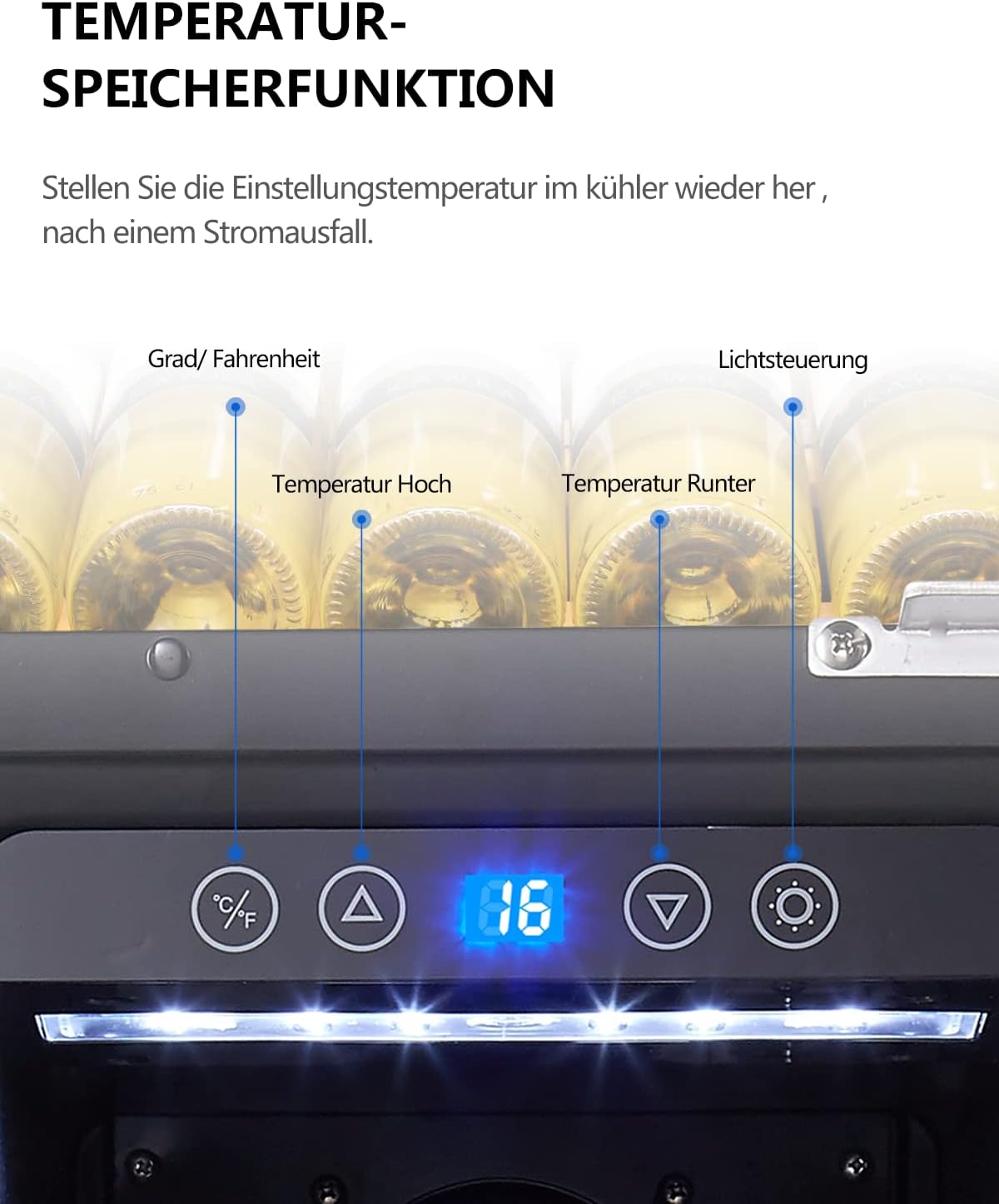 Close-up of the Kalamera KRC-75ASS control panel, highlighting the temperature memory function. Buttons for Celsius/Fahrenheit, Temperature Up, Temperature Down, and Light Control are visible, along with the digital display showing '16'.