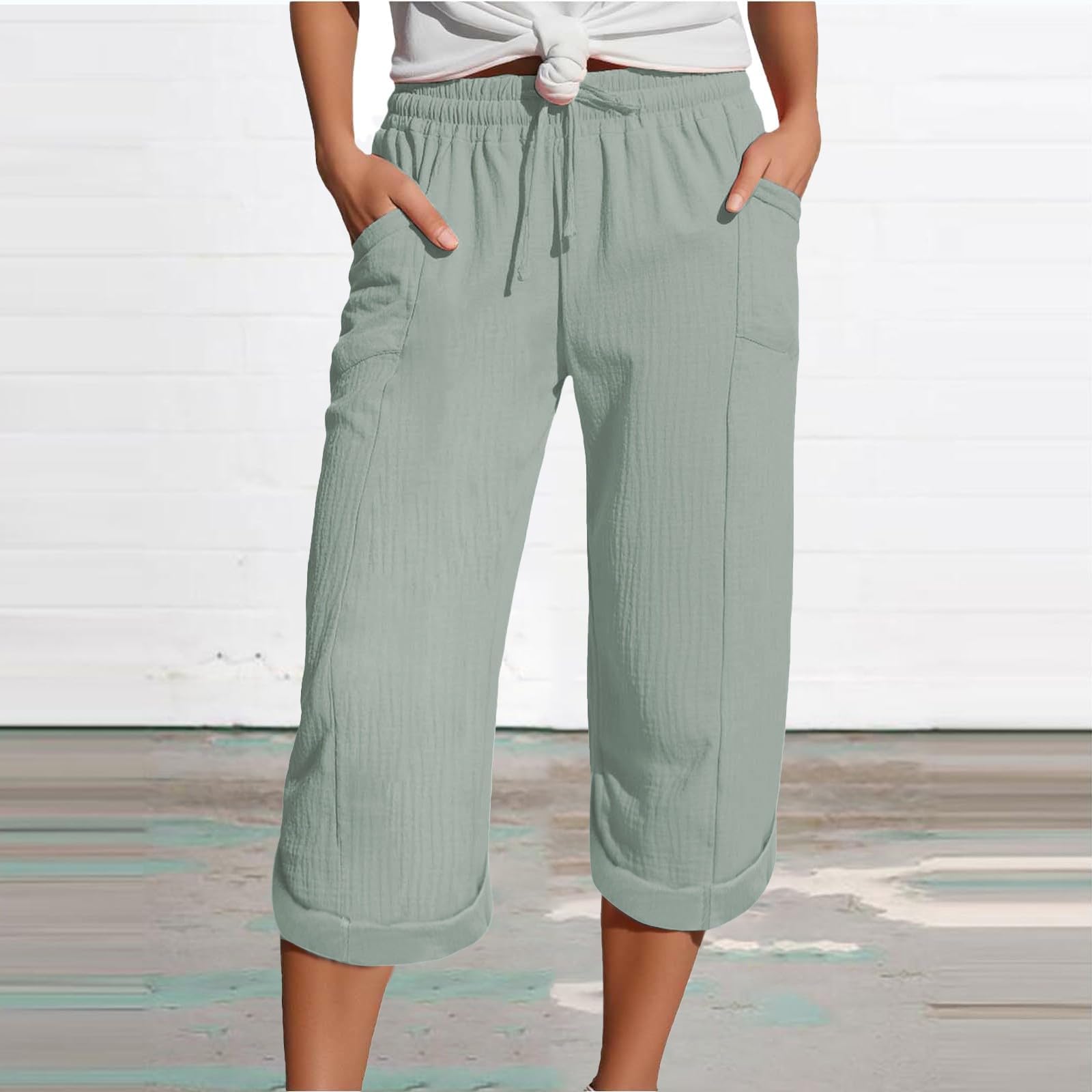 Musselin Hose Damen 3/4 Sommerhose Leicht Caprihose Damen Leinenhose Kurze Hose Sommer Freizeithose Weite Culotte Hose Locker Strandhose
