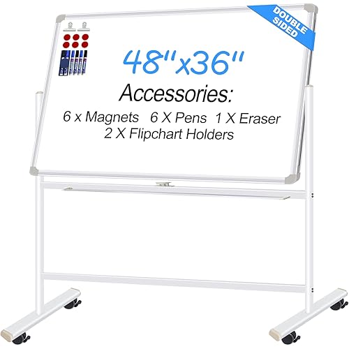 Dry Erase Board with Stand - 48x36 Inches Double-Sided Mobile Whiteboard with Stand, Large White Board on Wheels for Meeting, Training, Rolling Magnetic Whiteboard for Home Office Classroom School