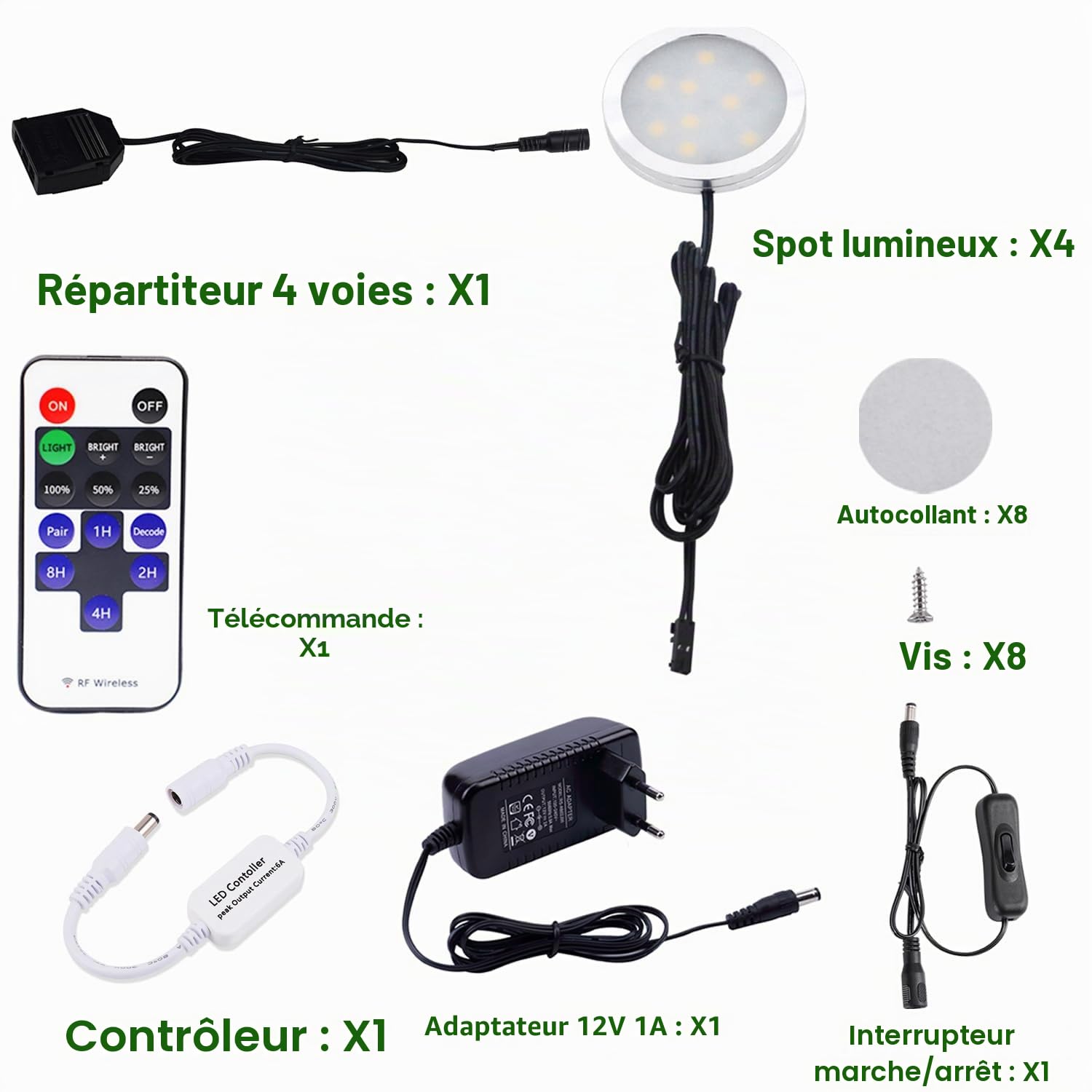 AIBOO Lot de 4 spots LED pour cuisine, 230 V, avec télécommande, à intensité variable, 12 V, avec câble, pour armoire, armoire, cuisine, 8 W, blanc froid