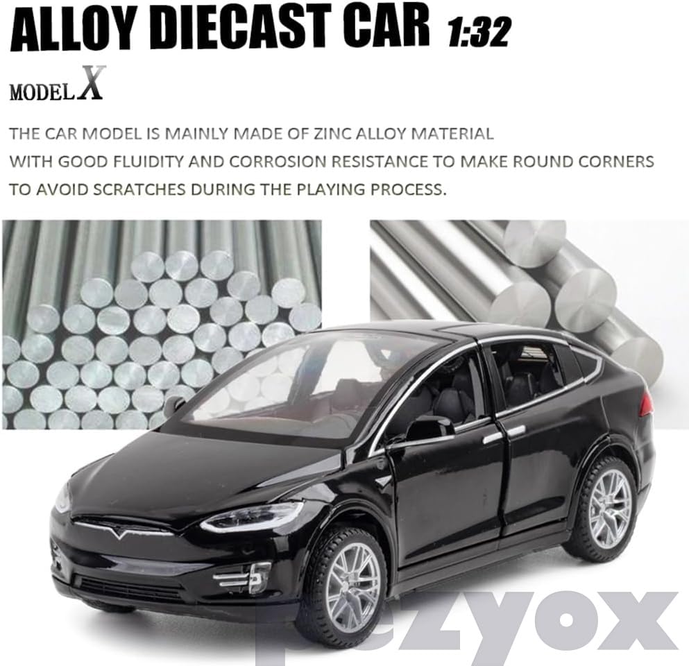 Image of 1:32 Scale Car Tesla Model X90 Alloy 1 /32 Diecast Model Car w /Sound & Light Pull Back Model Mini Vehicles Toys for Kids (Black)