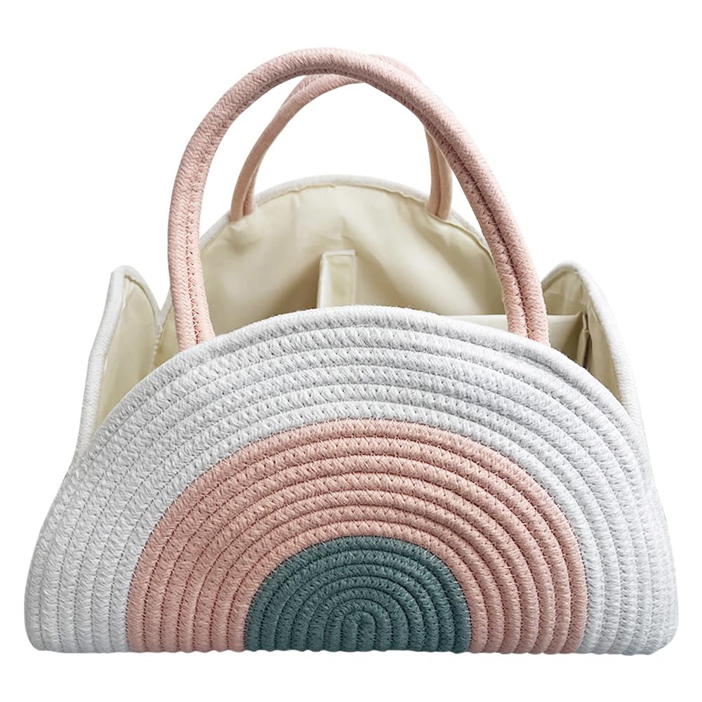 Cotton Rope Baby Diaper Caddy Organizer – Large Nursery Storage Basket for Newborn Essentials, Portable Diaper Caddy for Boys & Girls – Earthy Rainbow Design