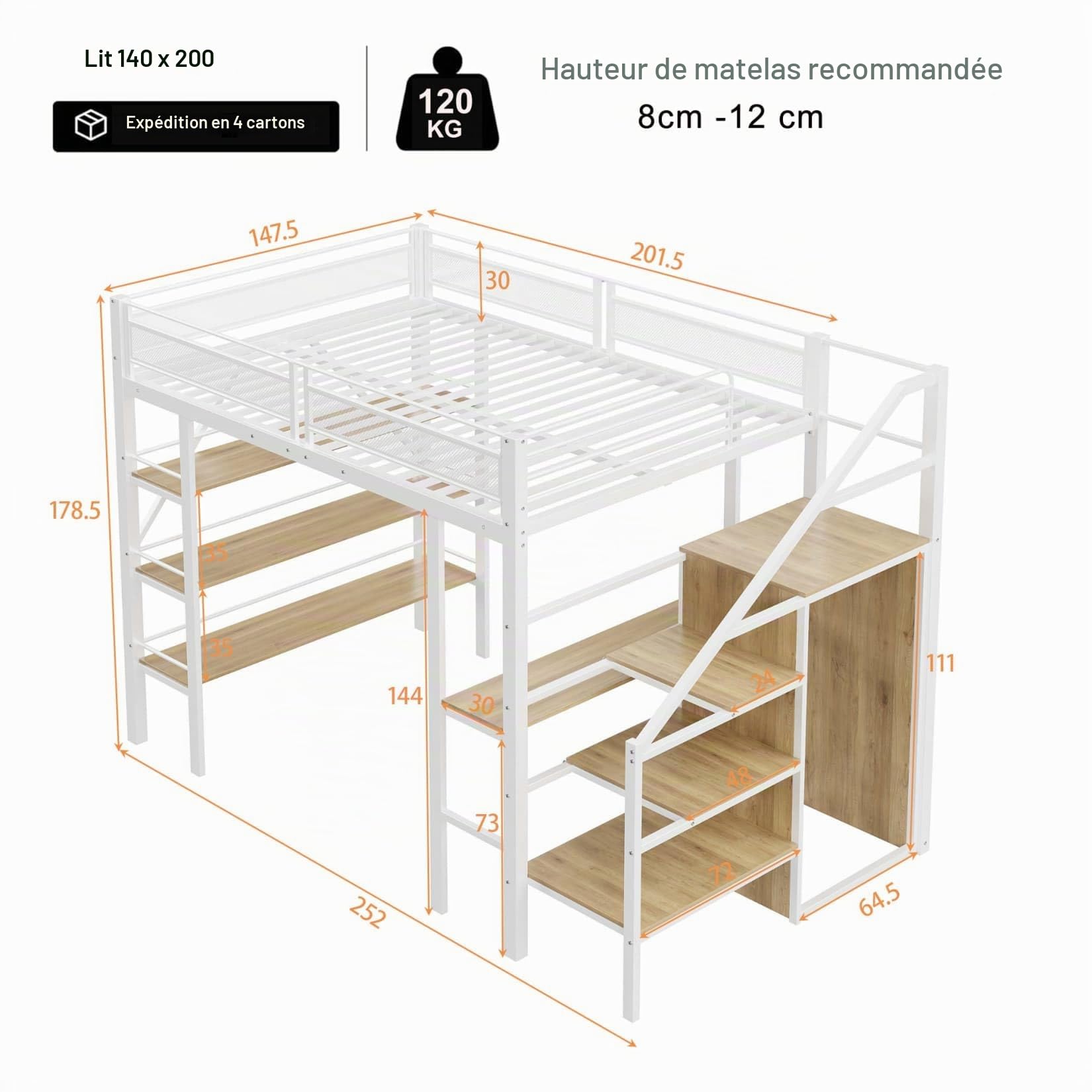 PUGSDRLY Lit Mezzanine 2 Place avec Escalier installé Gauche ou Droite,Lit Mezzanine Enfant 140x200cm avec Bureau,Armoire et étagère de Rangement à 3 Couches,pour Adolescent Adulte (Blanc, 140x200)