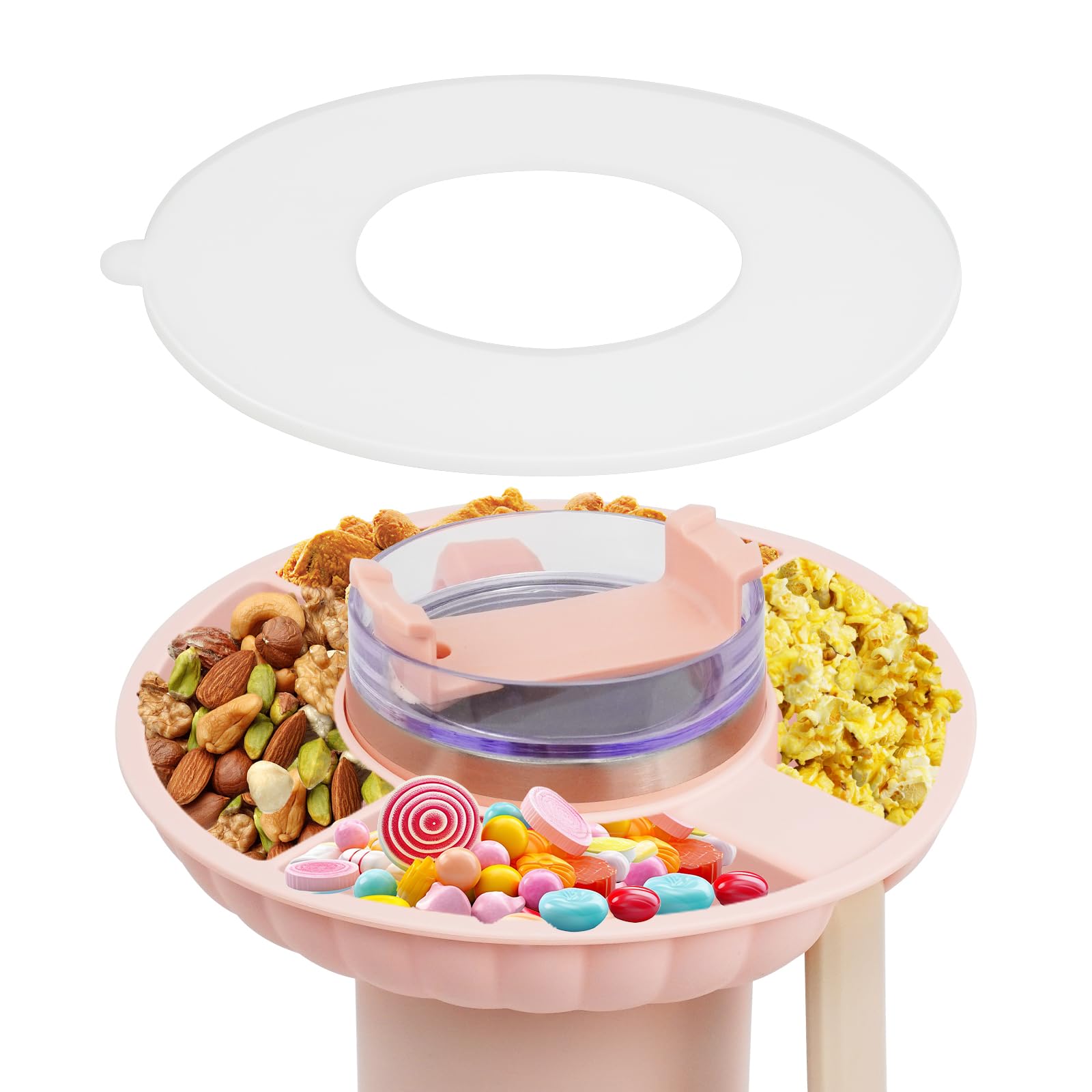 Snack Bowl for Stanley Cup 40 oz with Handle, Silicone Snack Tray with 4 Compartments, Reusable Stanley Cup Accessories for Candy Popcorn Nuts and Frui (Pink)