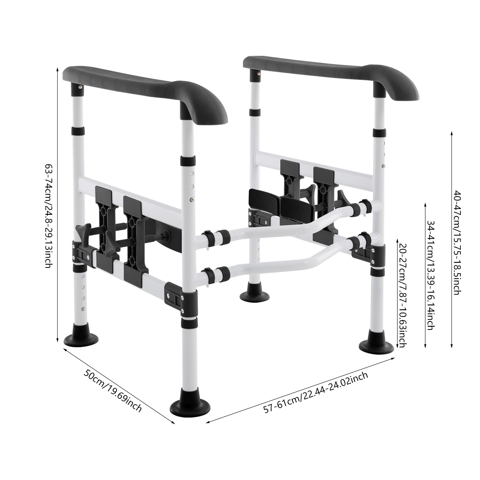 Pomoc przy wstawaniu toalety do 150 kg, regulowana szerokość i wysokość 57-61 cm/63-74 cm, antypoślizgowa poręcz bezpieczeństwa ze stali wysokowęglowej, podwyższenie deski sedesowej dla seniorów