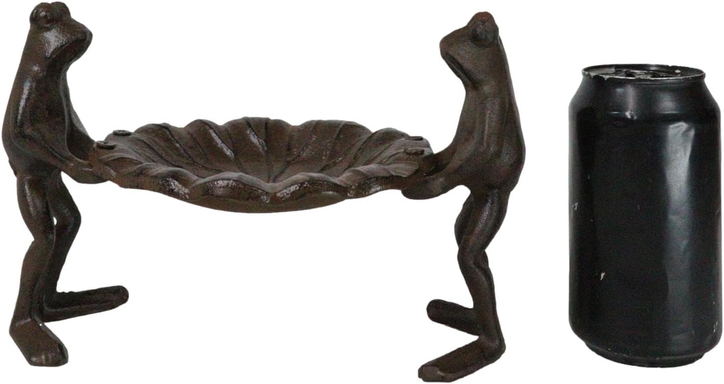 Ebros Gift Cast Iron Metal Rustic Whimsical Garden 2 Toad Frogs Holding Lily Pad Water Lily Leaf Bird Feeder Or Bath Sculpture Patio Outdoors Decor