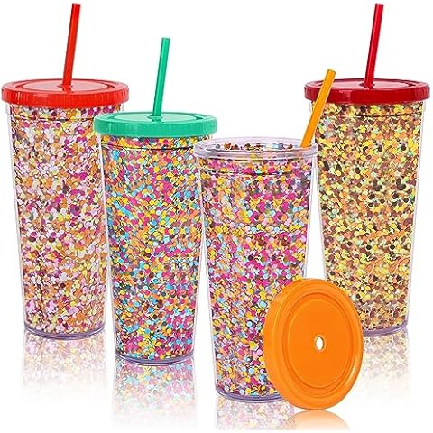 QTOP 4pack 22oz Tumbler With Lid And Straw,Glitter Tumbler,Plastic Cup With Lid And Straw,Bpa Free, Reusable Easy Care Plastic Cold Cup, Bling Cup,Fall Style Glitter Tumbler (Pack of 4) Cover