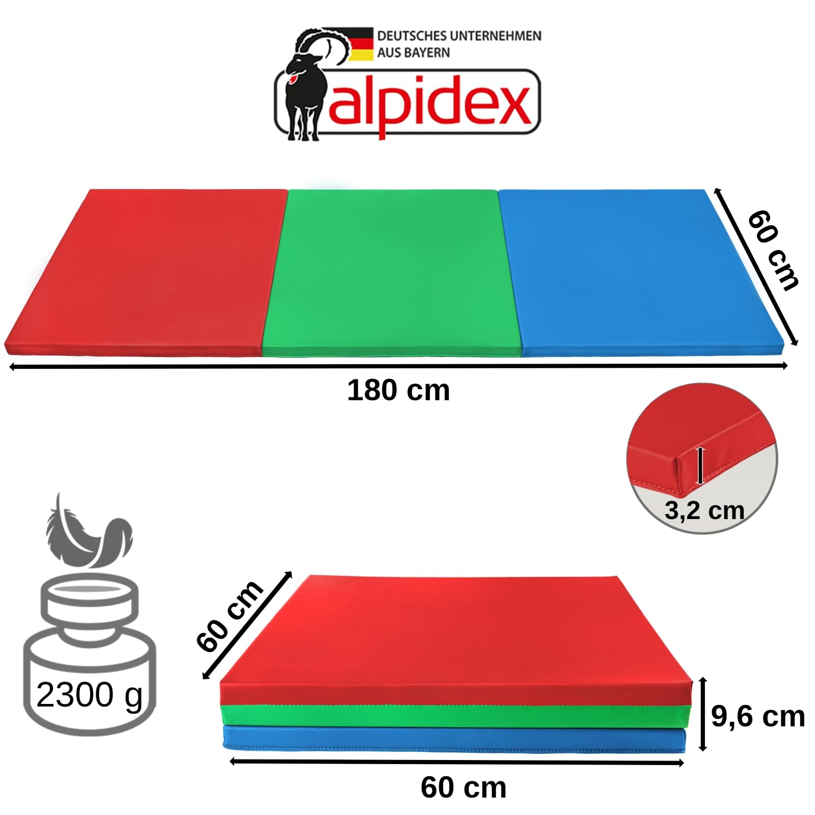 ALPIDEX Klappbare Turnmatte 180 x 60 x 3,2 cm Weichbodenmatte Gymnastikmatte Sportmatte
