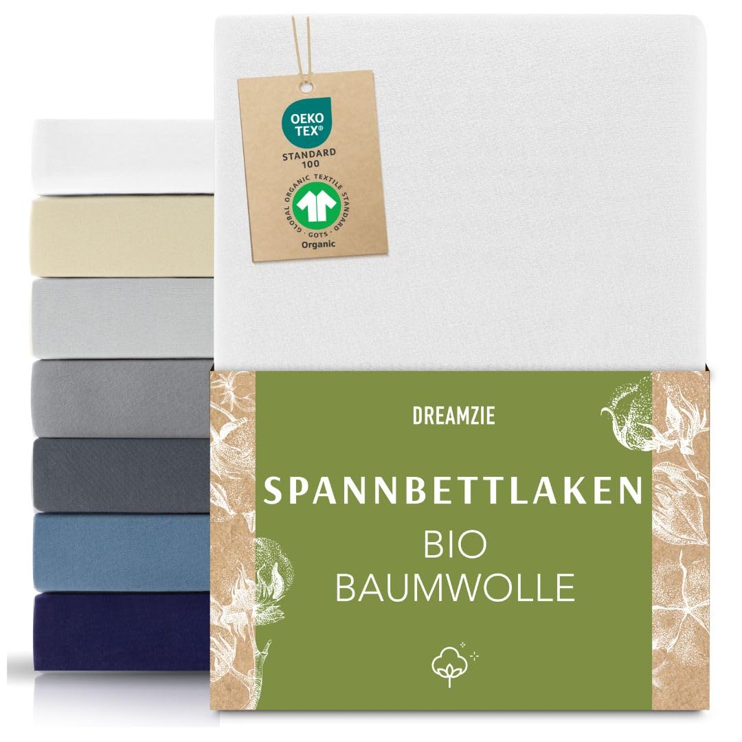 Dreamzie Premium Spannbettlaken 140x200cm bis 160x200cm Weiß, Spannbetttuch aus 100% Jersey Biobaumwolle, 150 g/m² - Oeko-TEX
