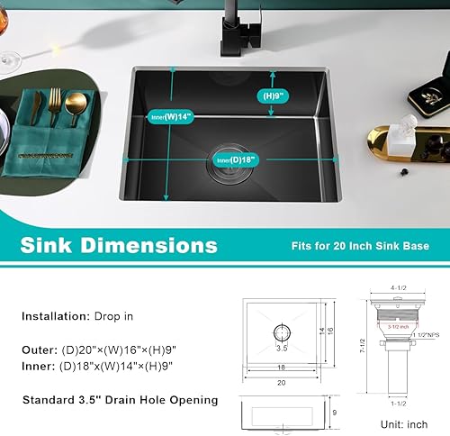 Miniatura 55 de Fregadero de cocina de montaje inferior de 20 x 16 pulgadas, acero inoxidable 304 de un solo tazón, fregadero de cocina pequeño, montaje inferior