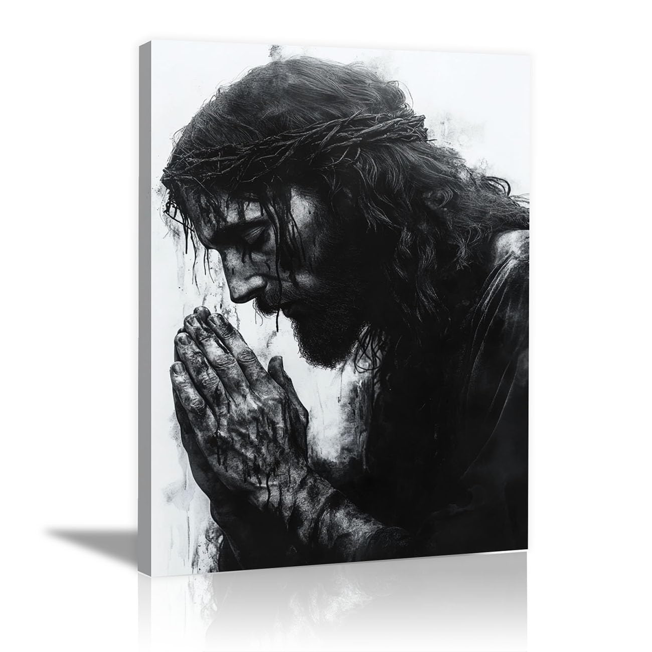 QUSAAOU Jesus Canvas Wall Art Black and White Praying Jesus Christian Religious Prints Painting for Bedroom Living Room Bedroom Hallway Home Decoration(black white)-60x90cm Framed