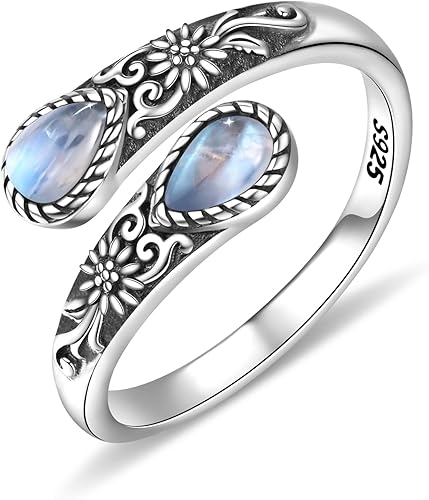 Anillos de plata de ley 925 con piedra lunar natural para mujer, anillo ajustable de girasol para pulgar, anillos de cuchara vintage, anillos de