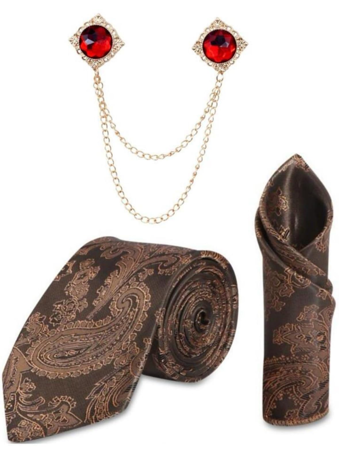 Random Stripe Necktie Set With Pocket Square & Double Chain Stylish Brooch (3 items in Box) Jacquard Self-Design Fabric-picture-12